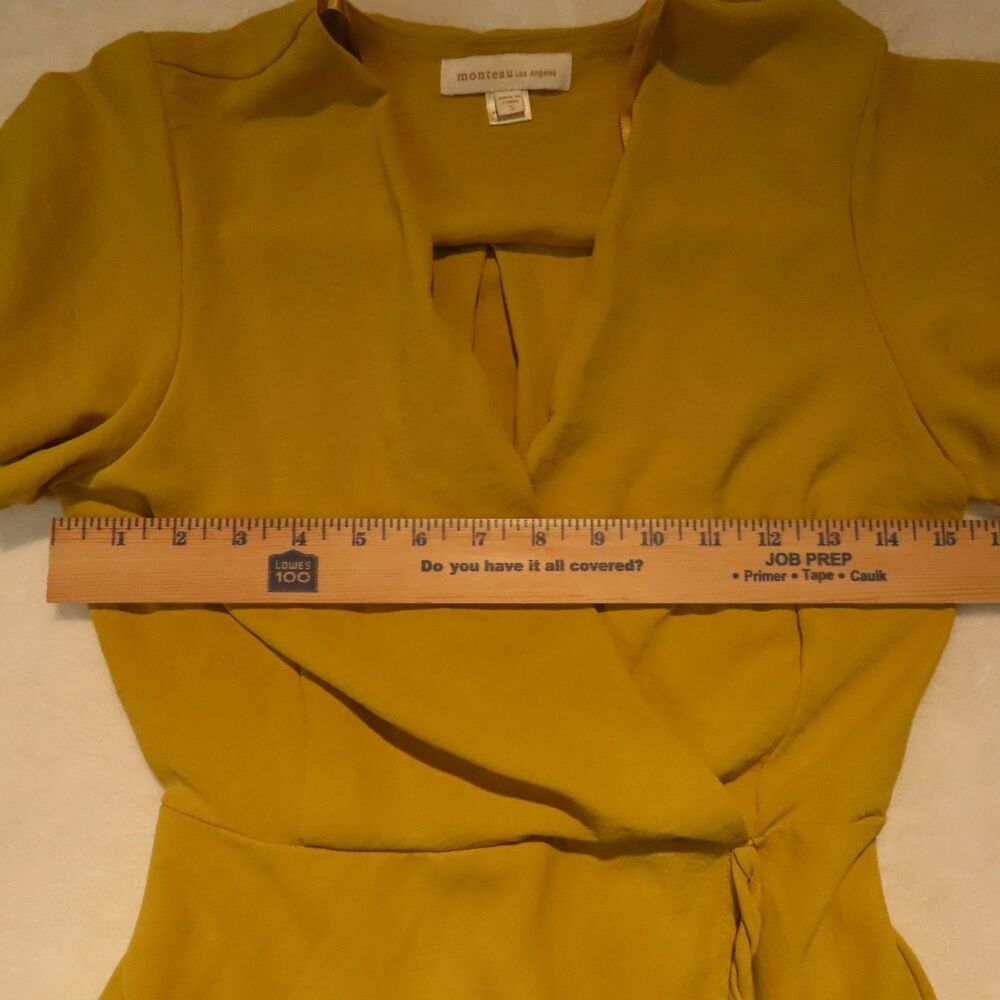 Monteau Los Angeles Womens Small Mustard Yellow Faux Wrap Mini Dress Flutter